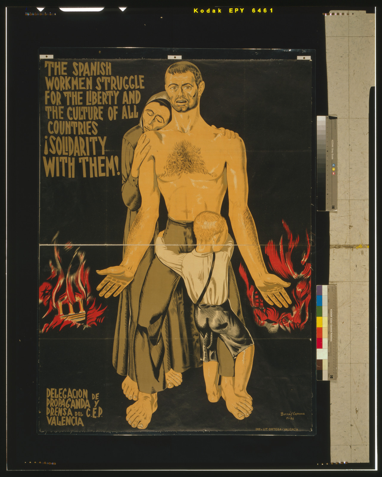 Spanish workers fight for the freedom and the freedom and the culture of all towns. Solidarity with them!, Valencia : Delagacion de Propaganda y Prensa del C.E.P., 1936. — vintage poster