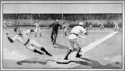 [Baseball player sliding into second base as throw arrives from third base]