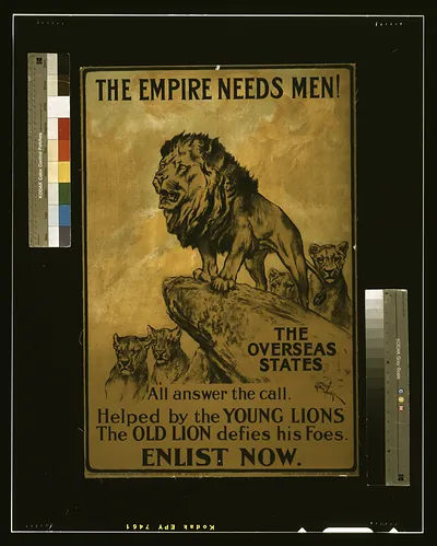 The empire needs men! The overseas states all answer the call. Helped by the young lions the old lion defies his foes. Enlist now / Arthur Wardle ; printed by Straker Brothers Ltd., 194-200 Bishopsgate, London.