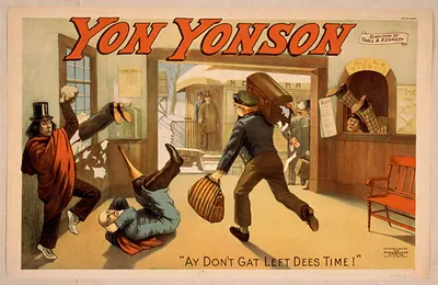 Yon Yonson theater poster, railway depot scene with luggage