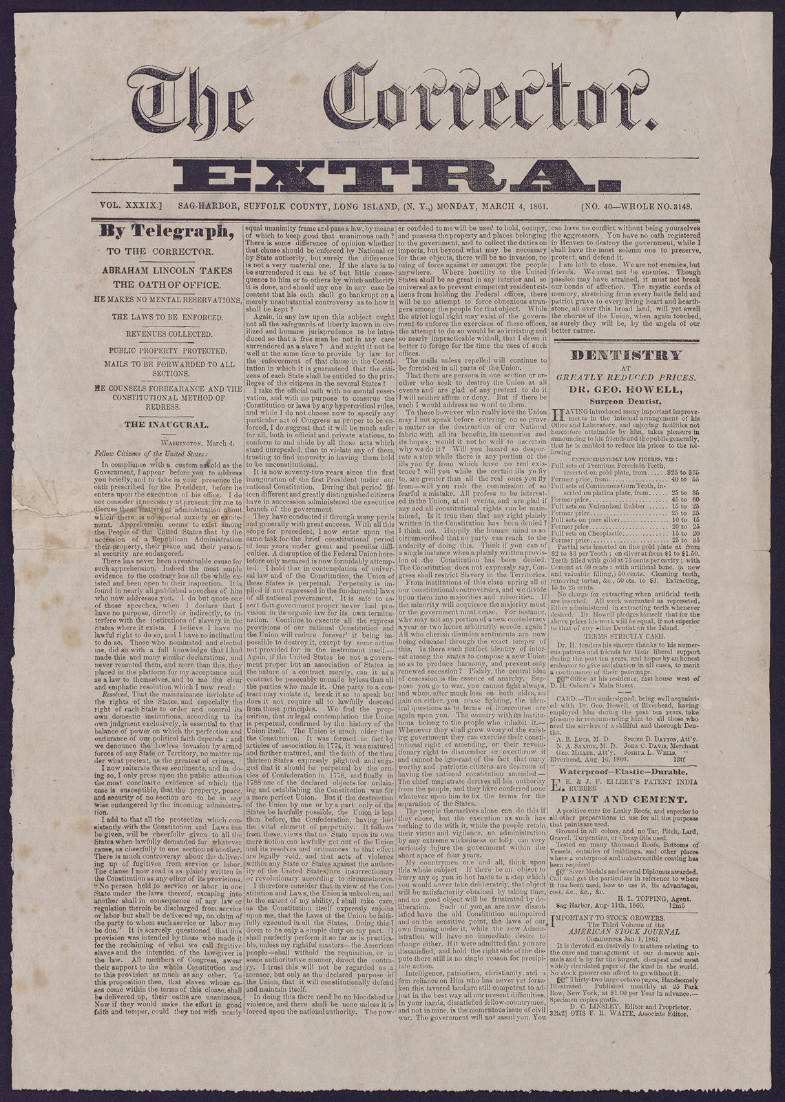 The Corrector Extra, Sag Harbor, March 4, 1861 — historic image