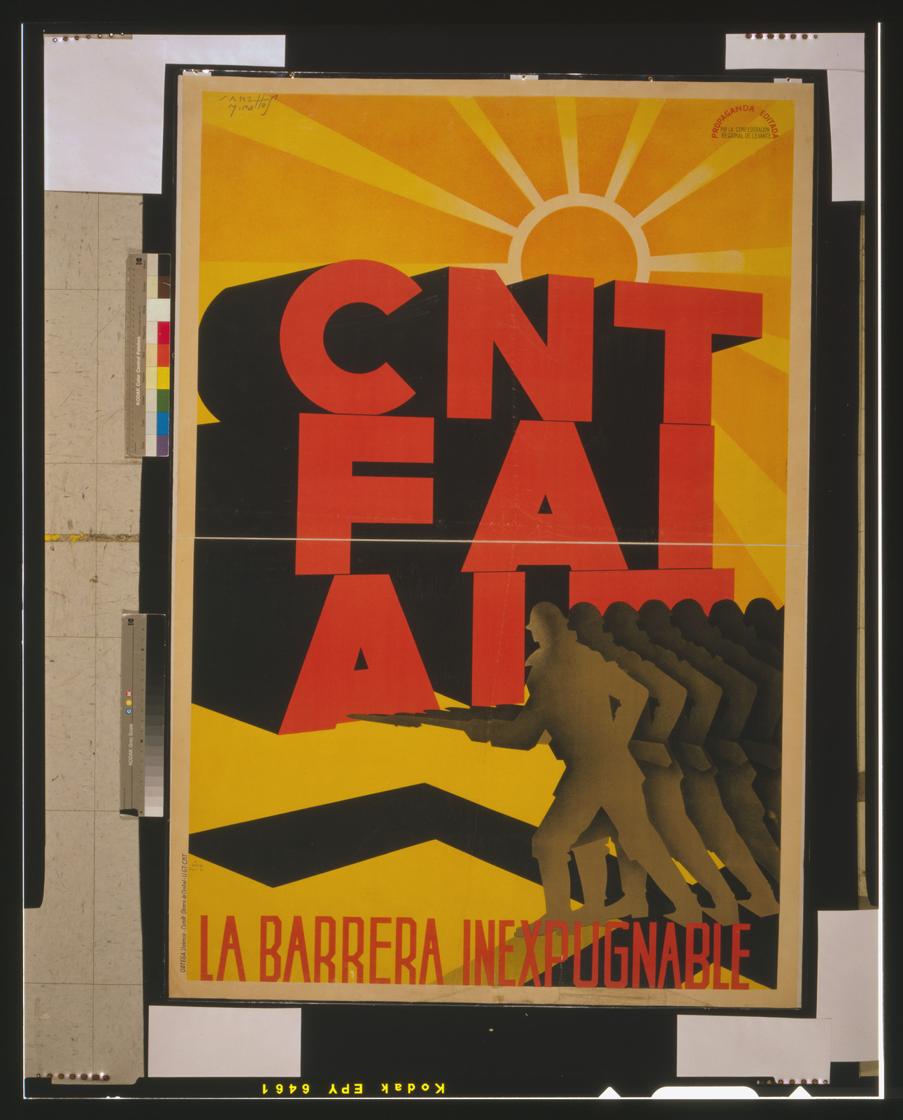 C.N.T. - F.A.I. - A.I.T. La barrera inexpugnable, [Spain] : Propaganda Editada por la Confederación de la Levante, [between 1936 and 1939] — vintage poster
