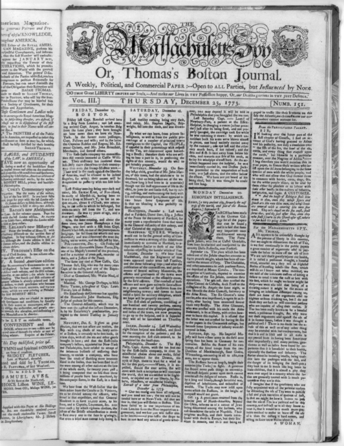 [Title page of The Massachusetts Spy, Dec. 23, 1773. Newspaper tells of the Boston Tea Party] — historic image