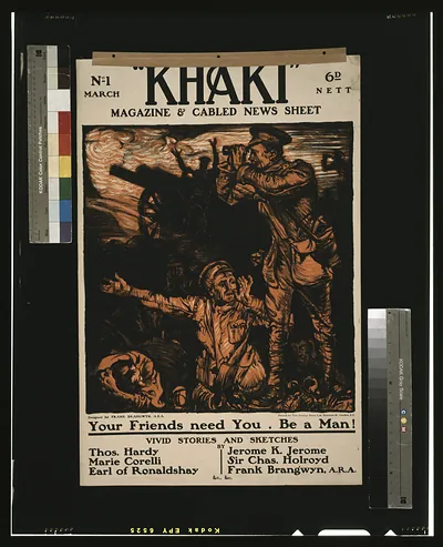Khaki magazine cabled news sheet / designed by Frank Brangwyn A.R.A. printed by The Avenue Press Ltd. Bouverie St. London E.C.