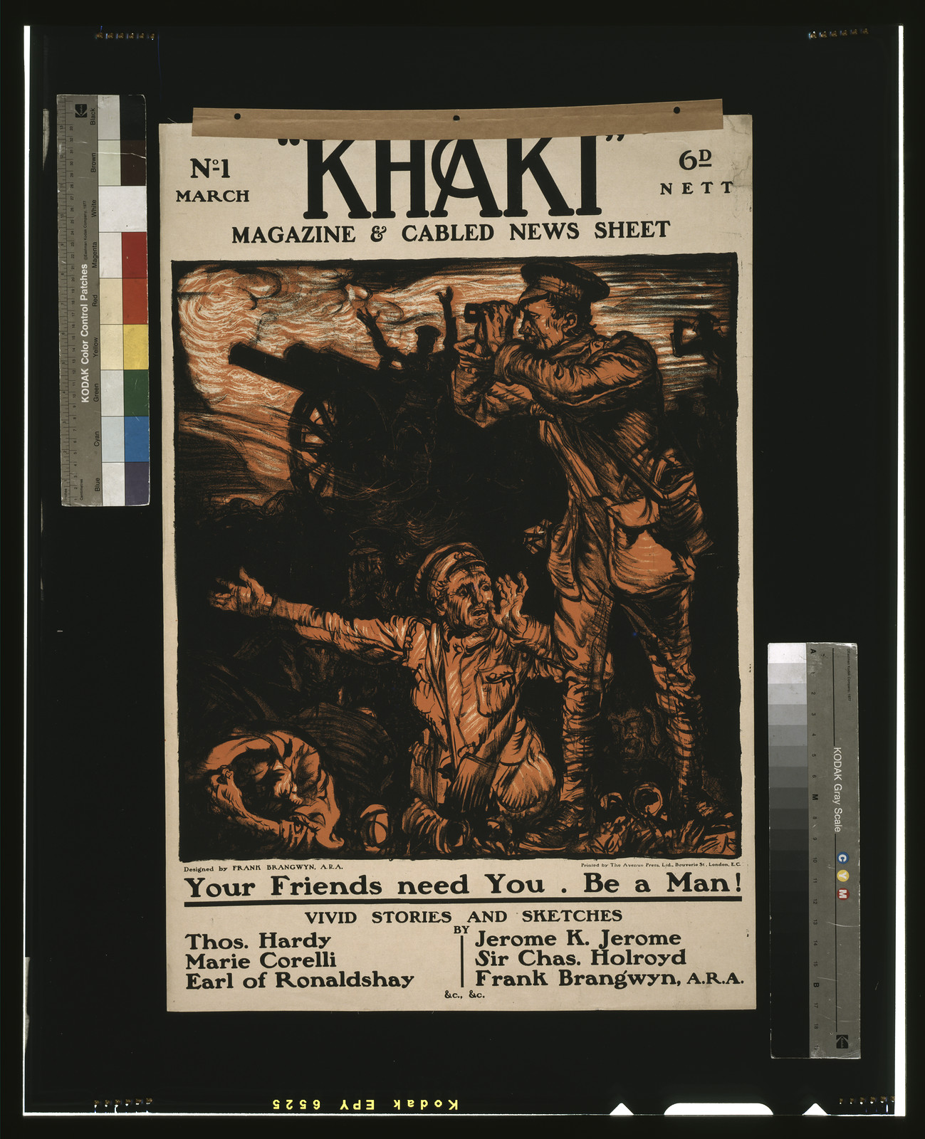Khaki magazine cabled news sheet / designed by Frank Brangwyn A.R.A. printed by The Avenue Press Ltd. Bouverie St. London E.C., 1915 — vintage poster