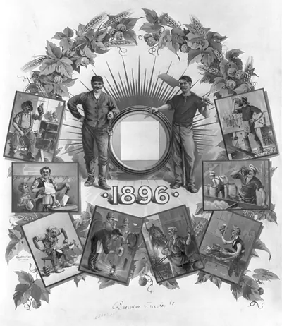 1896 brewing lithograph with hops wreath and craftsmen vignettes