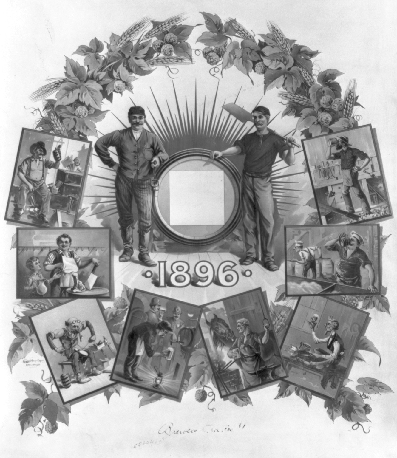 1896 brewing lithograph with hops wreath and craftsmen vignettes — antique lithograph