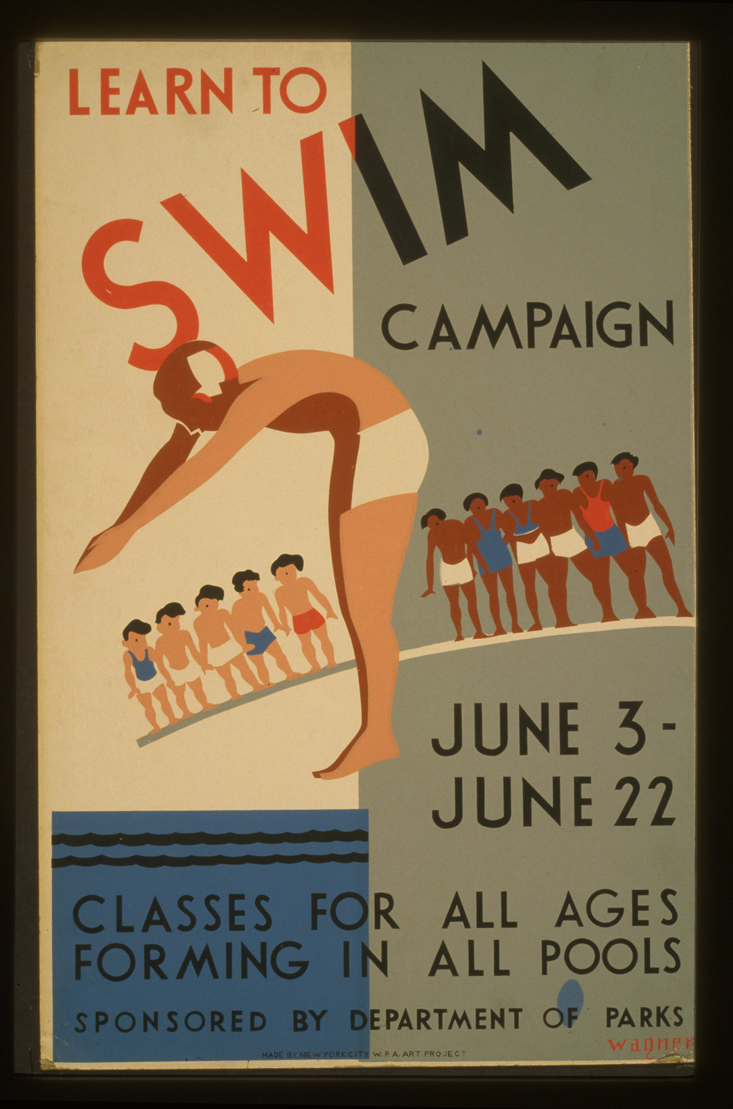 Learn to swim campaign Classes for all ages forming in all pools / Wagner., 1936 — vintage poster