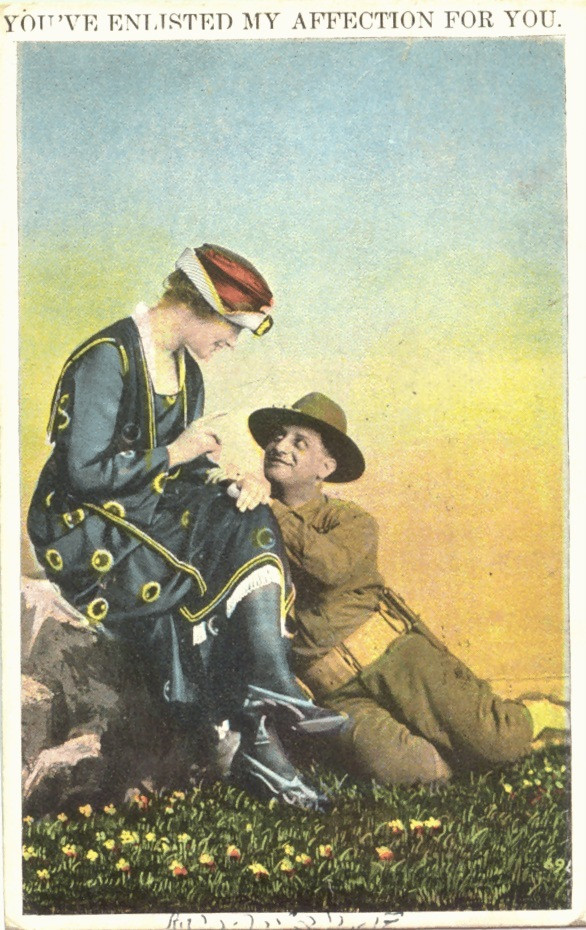 Hand-colored postcard: You've Enlisted My Affection For You — vintage postcard