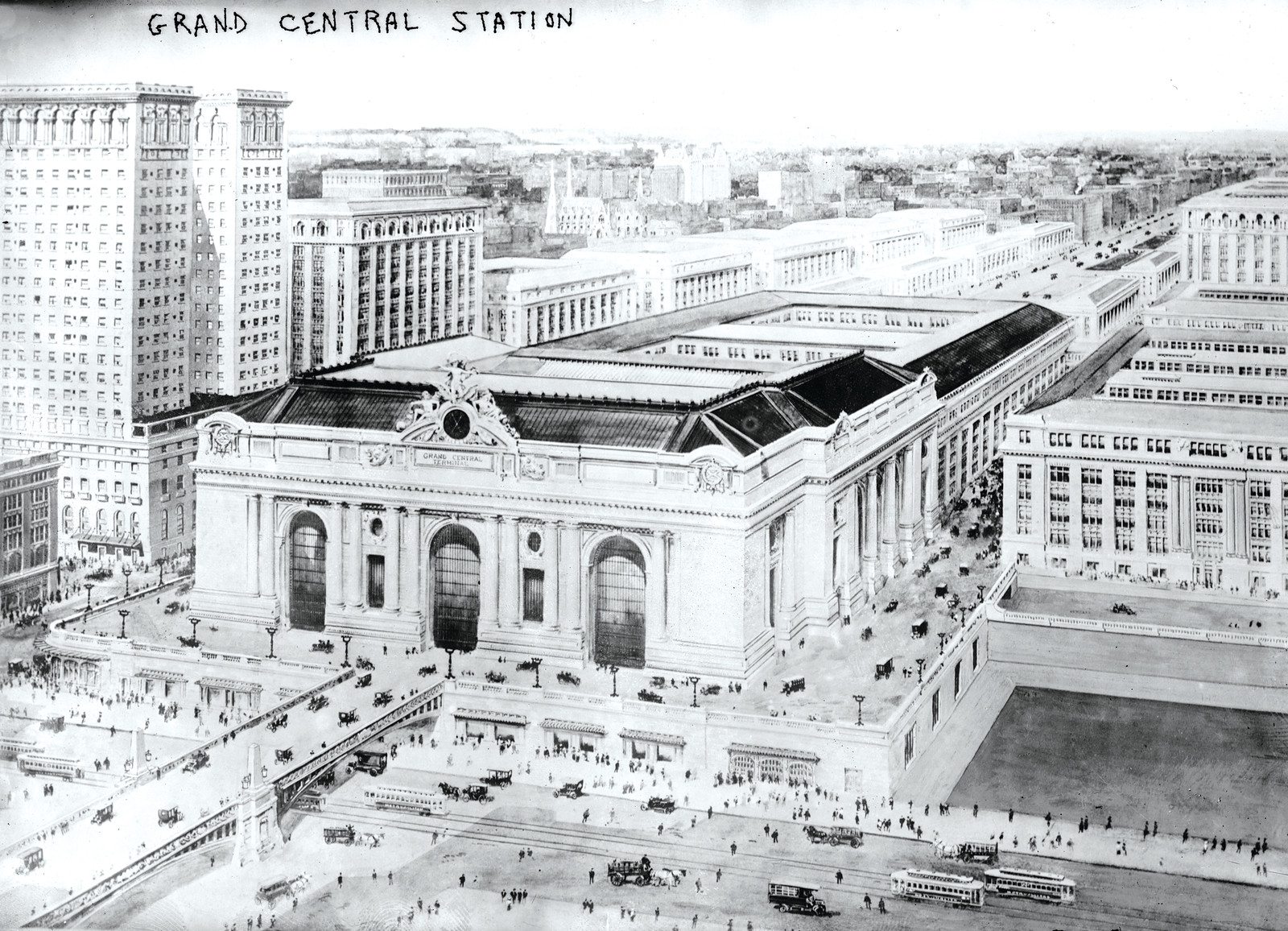 Grand Central Station bird's-eye drawing of the terminal — historic drawing