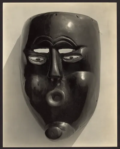 Glossy black mask with eye holes and protruding mouth