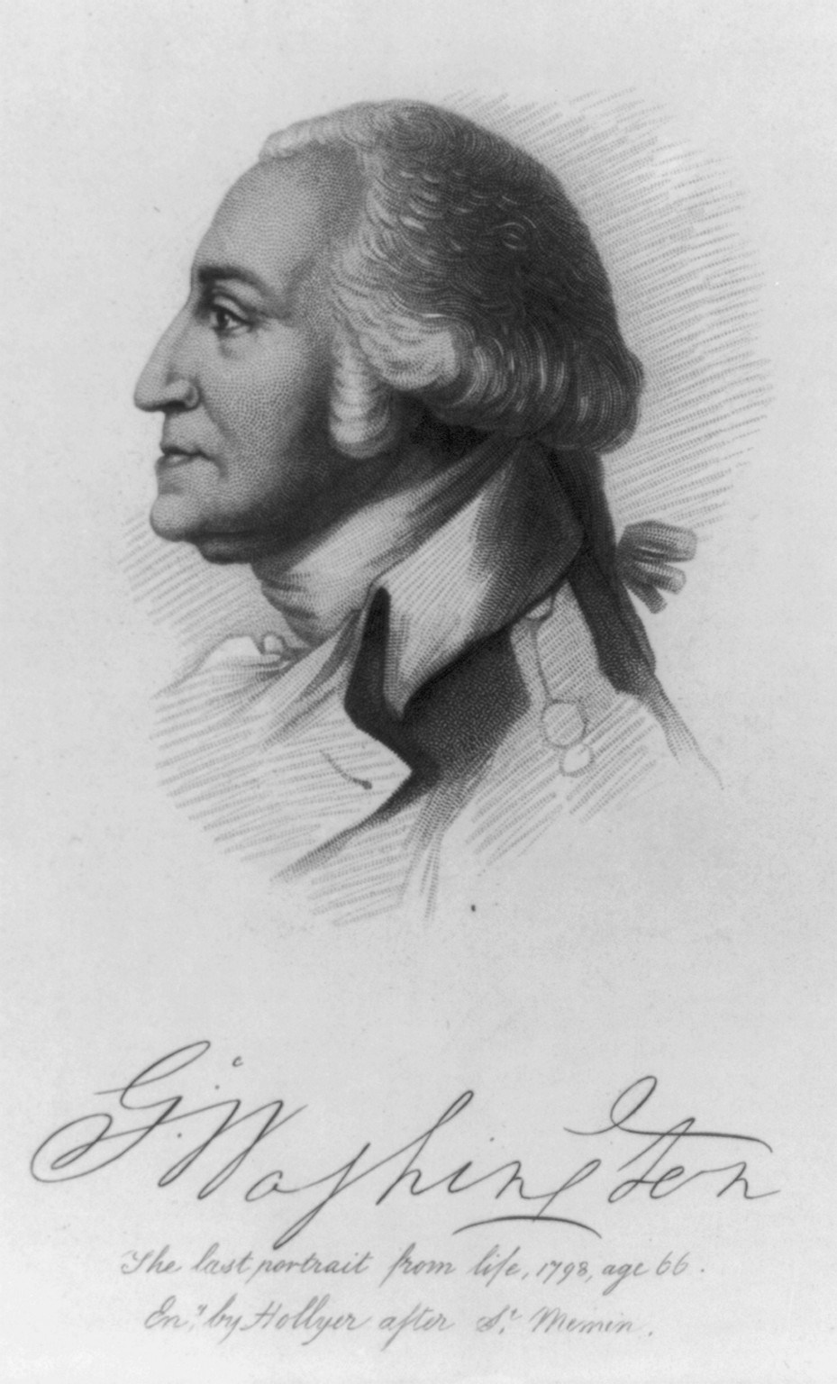 [George Washington, bust, left profile; last portrait from life, age 66] — antique engraving