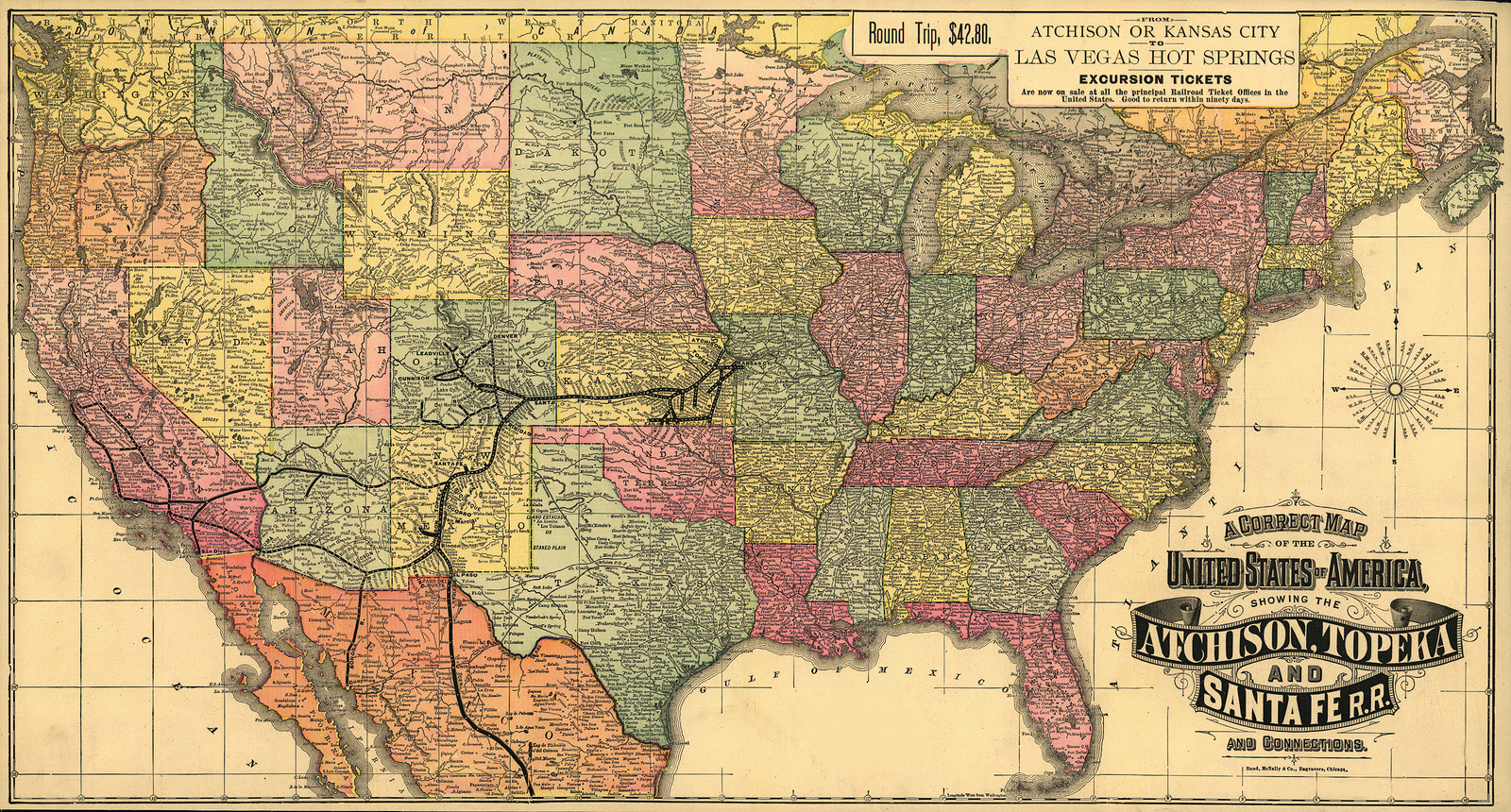 A Correct Map of the United States showing the Atchison, Topeka and Santa Fe R.R. — antique map