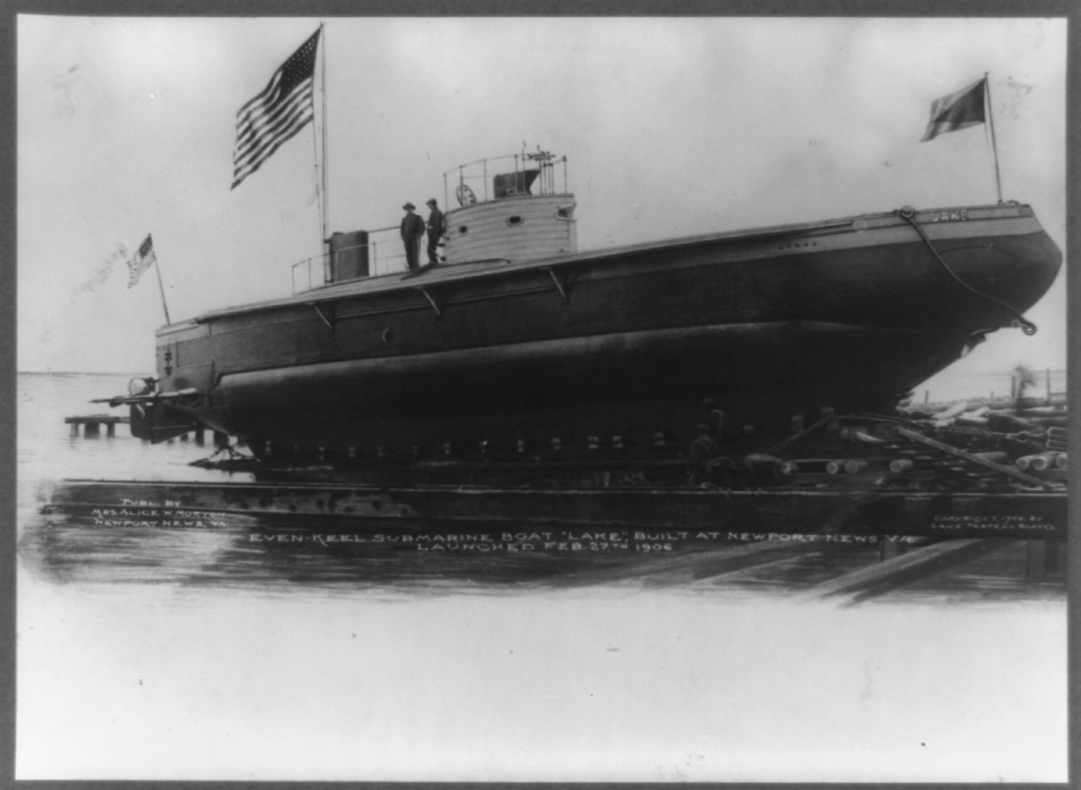 Virginia, Newport News--Even-keel submarine boat Lake launched Feb. 27, 1906, c1906. — historic photograph