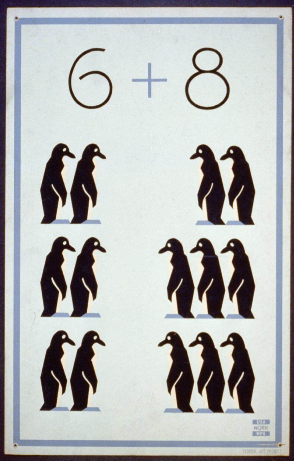 Arithmetic poster showing six plus eight as penguins, 1936 — vintage poster