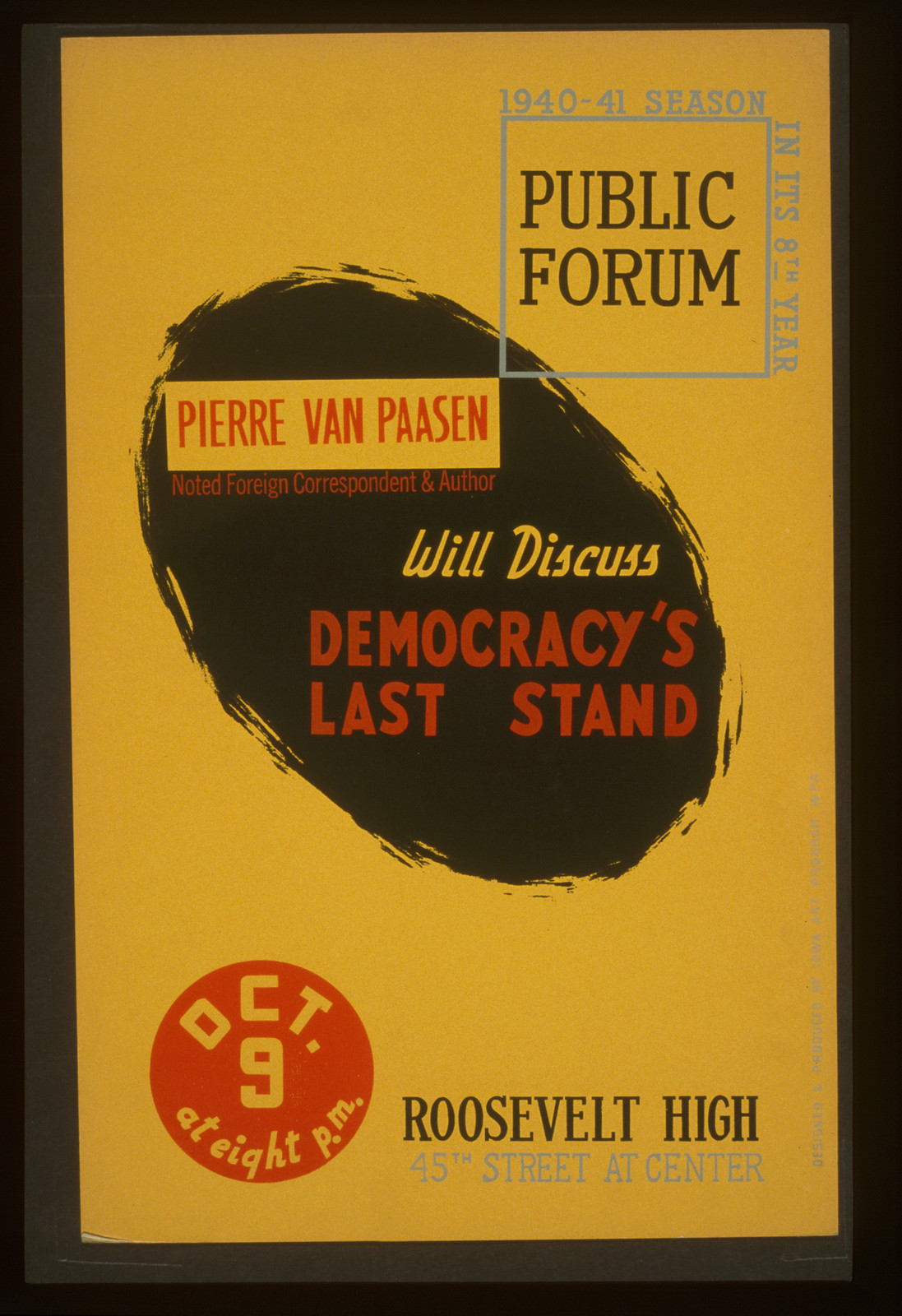 Pierre van Paasen noted foreign correspondent & author will discuss democracys last s, 1940 — vintage poster