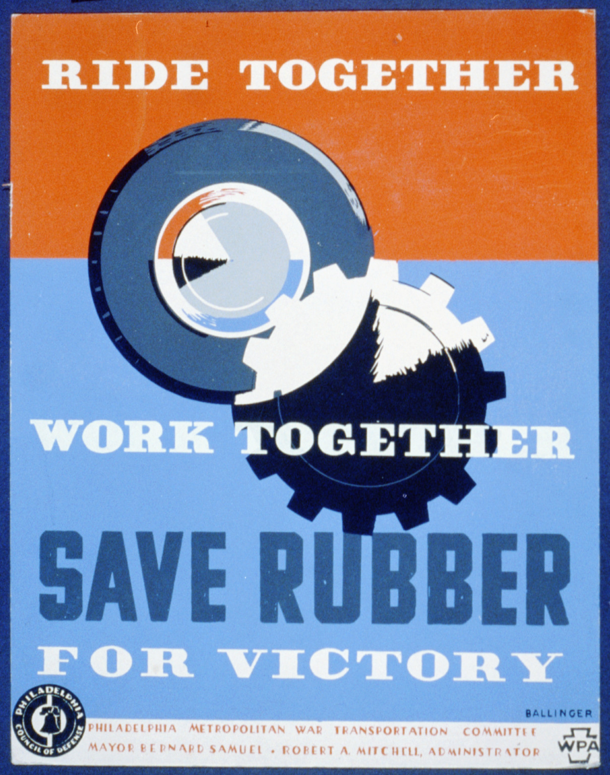 Ride together - work together - save rubber for victory / Ballinger., 1941 — vintage poster