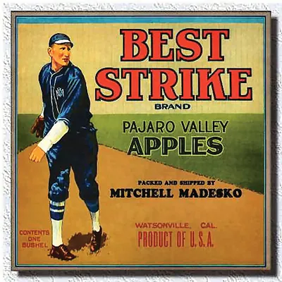 Best Strike Brand Pajaro Valley Apples crate label with pitcher