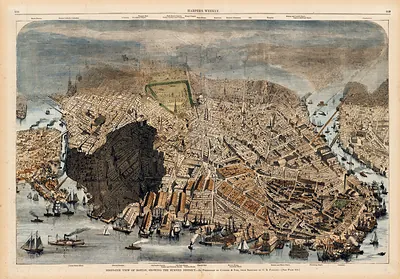 Bird's-eye view of Boston showing the burned district