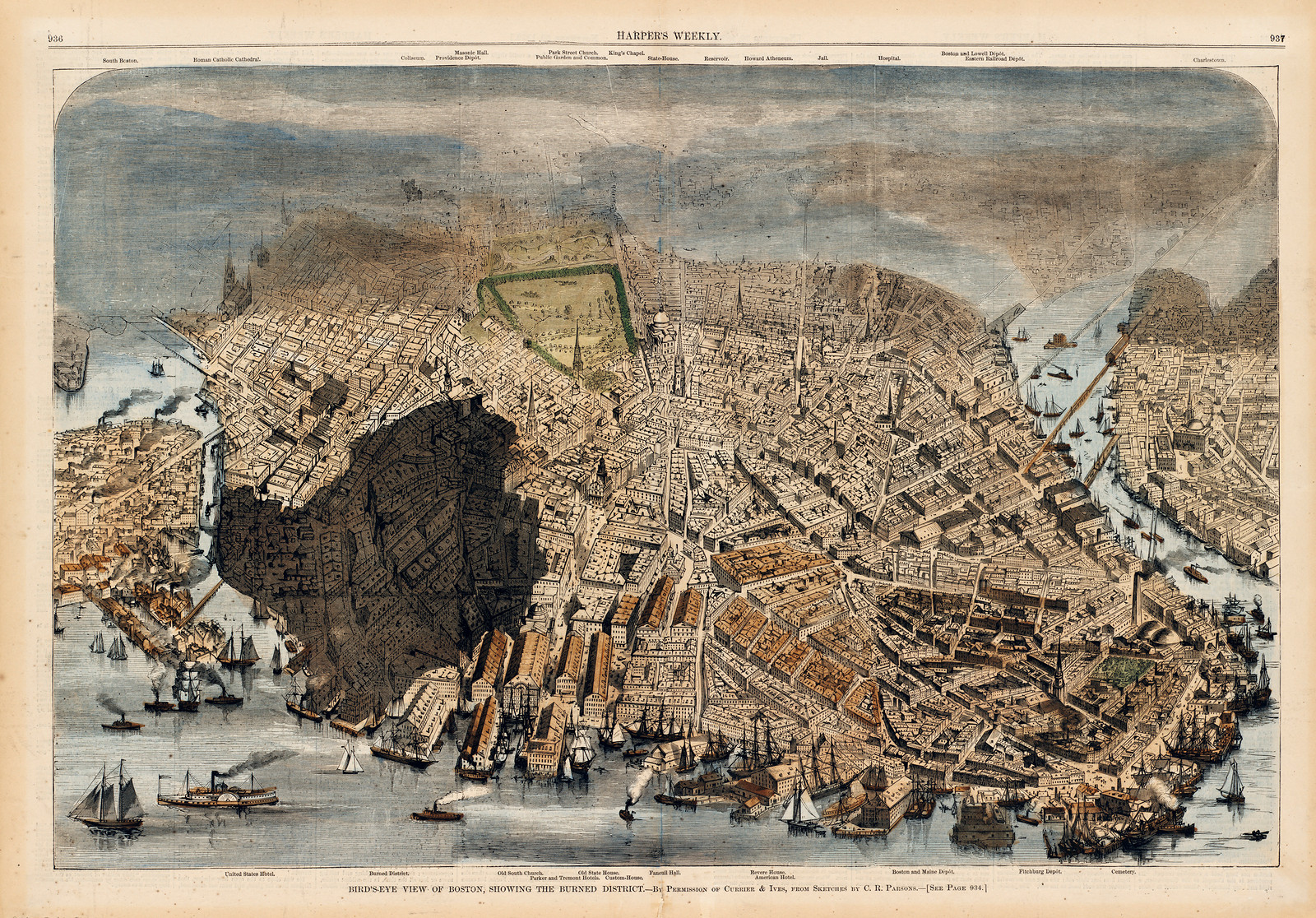 Bird's-eye view of Boston showing the burned district, 1872 — historic image