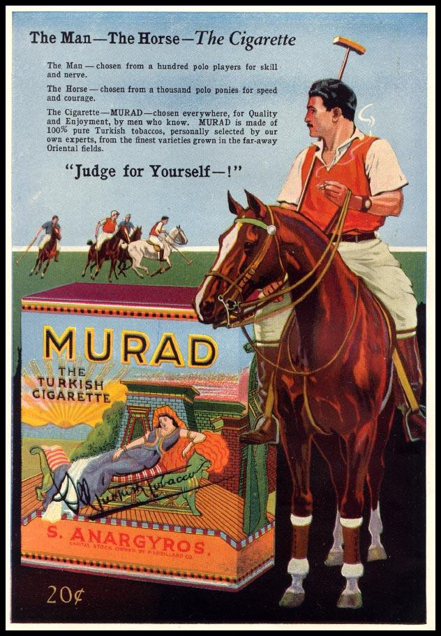 Murad Turkish Cigarette advertisement with polo player and horse — historic image