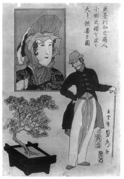 Amerika no shonin shoju no sakura o motomete oi ni kanki no zuTITLE TRANSLATION:American merchant delighted with miniature cherry tree.