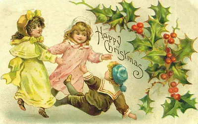 Happy Christmas postcard with children and holly