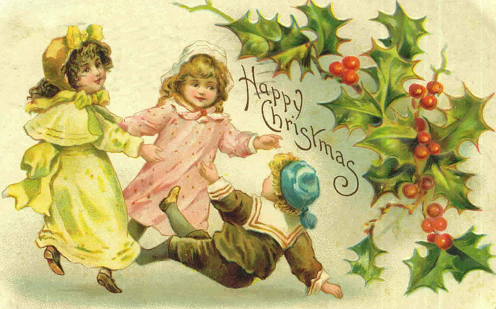 Happy Christmas postcard with children and holly — vintage postcard