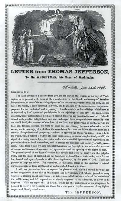 Letter from Thomas Jefferson, to Mr. Weightman, Late Mayor of Washington