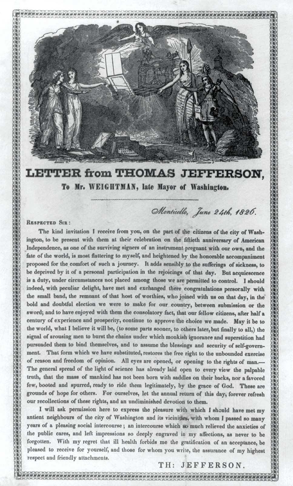 Letter from Thomas Jefferson, to Mr. Weightman, Late Mayor of Washington, c. 1826 — antique engraving