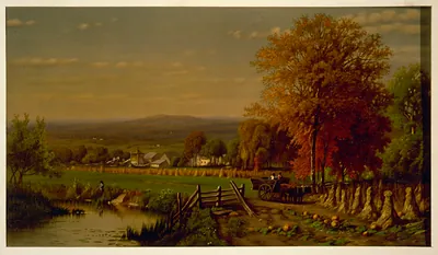 [Scene on farm, near Farmington, Connecticut, in autumn, showing pond, fields, and buildings]