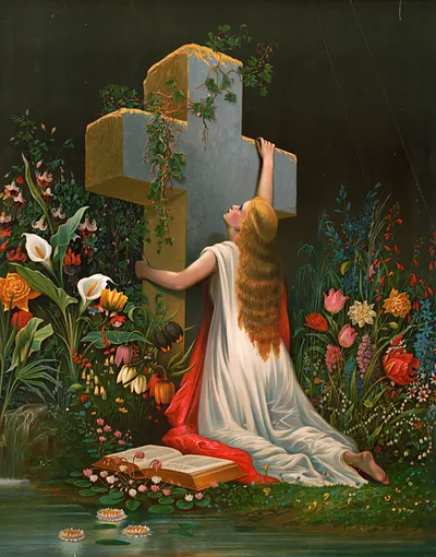 Kneeling woman with red-gold hair at a cross among flowers