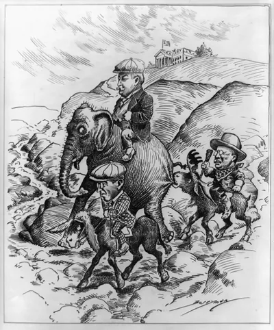 [Race to the White House with Wilson on a donkey and Taft on an elephant being bitten by T. Roosevelt on a bull moose]