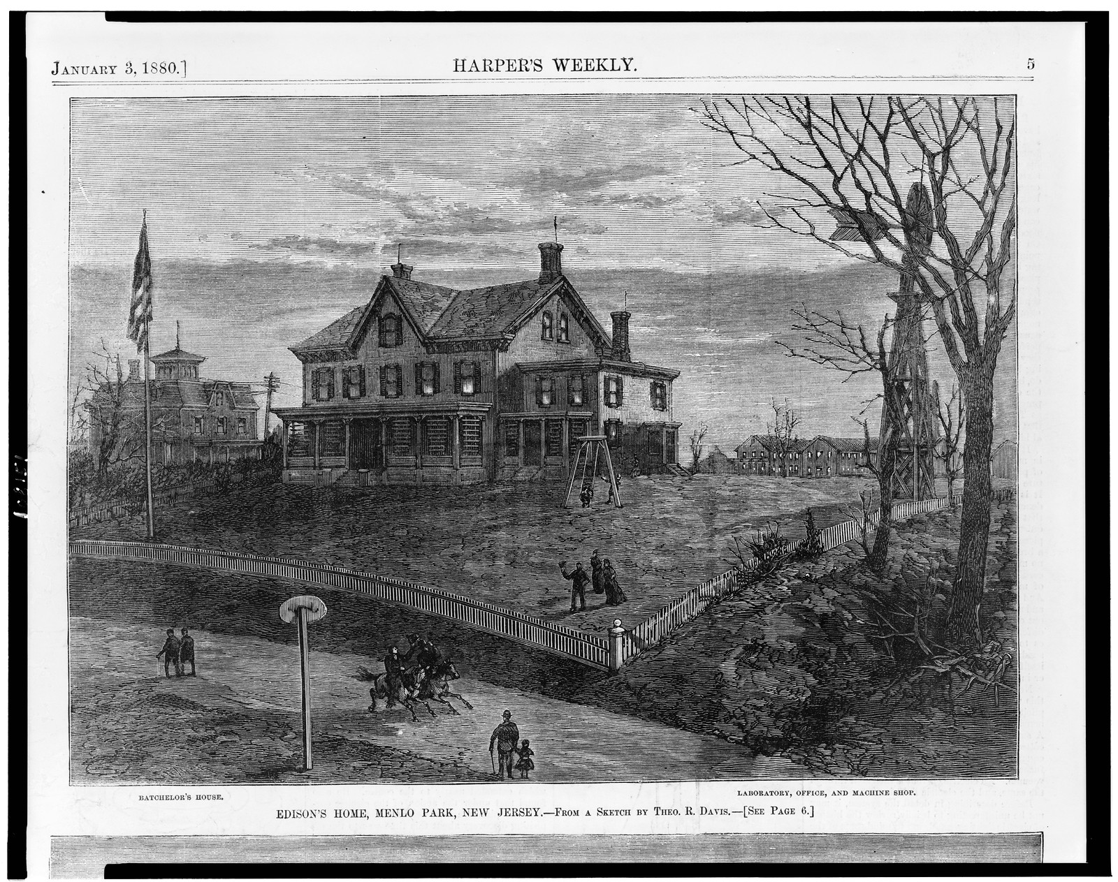 Edison's home, Menlo Park, New Jersey / from a sketch by Theo. R. Davis., 1880 — antique engraving