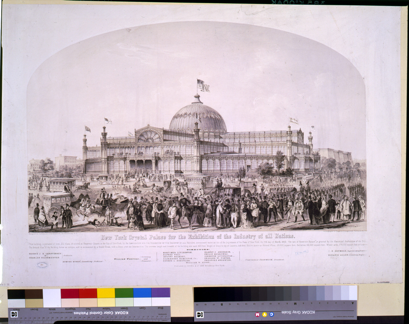 New York Crystal Palace for the exhibition of the industry of all nations / designed by Carstensen & Gildemeister, N.Y. ; lithography of Nagel & Weingärtner, N.Y.; figures by Doepler., New York : Published by Goupil & Co., c1852. — antique lithograph