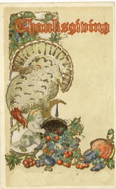 Thanksgiving postcard with turkey, cherub and fruit