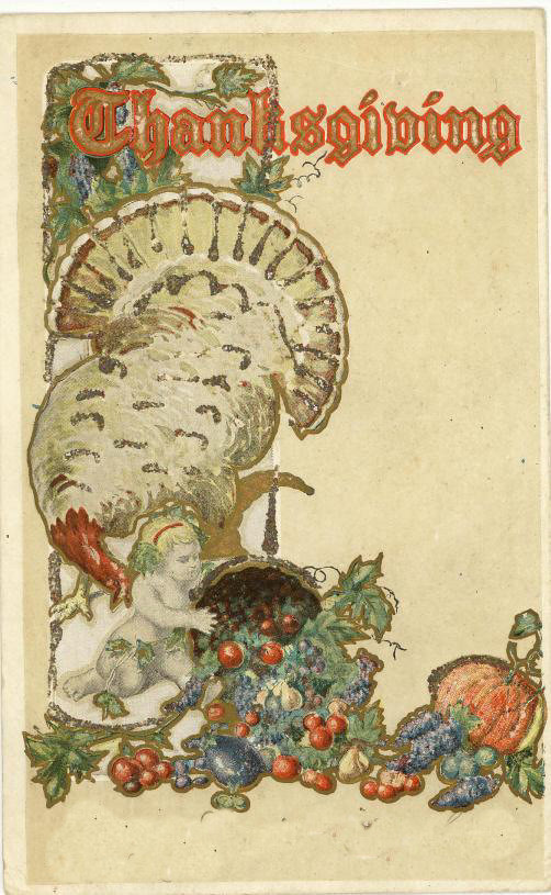 Thanksgiving postcard with turkey, cherub and fruit — vintage postcard