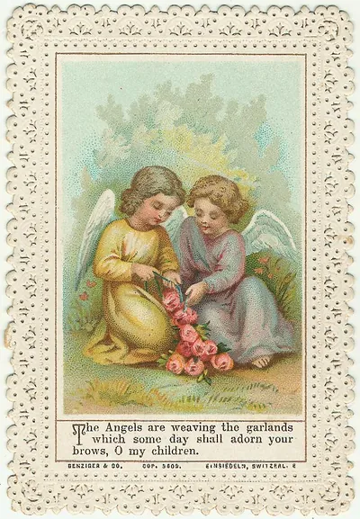 Two angels weaving a garland of roses, with printed verse