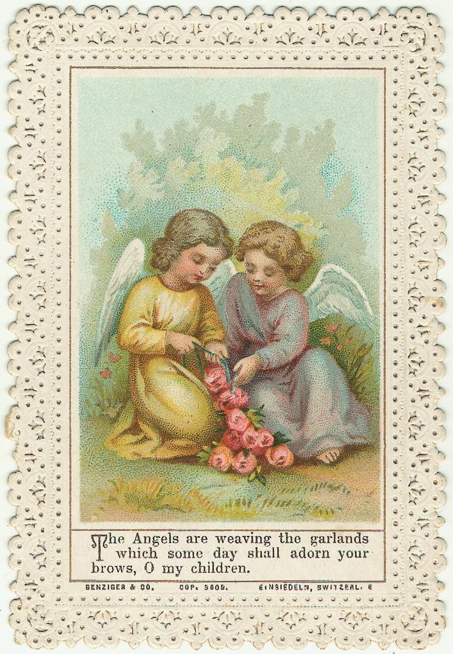 Two angels weaving a garland of roses, with printed verse — historic print