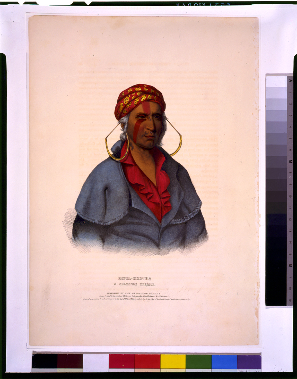 Payta-Kootha, a Shawanoe warrior / drawn, printed & coloured at I.T. Bowen's Lithographic Establishment., Philada. : published by F.W. Greenough, 1838. — antique lithograph