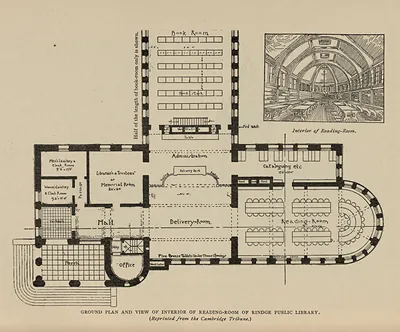 Ground plan and view of interior of reading-room of Rindge Public Library