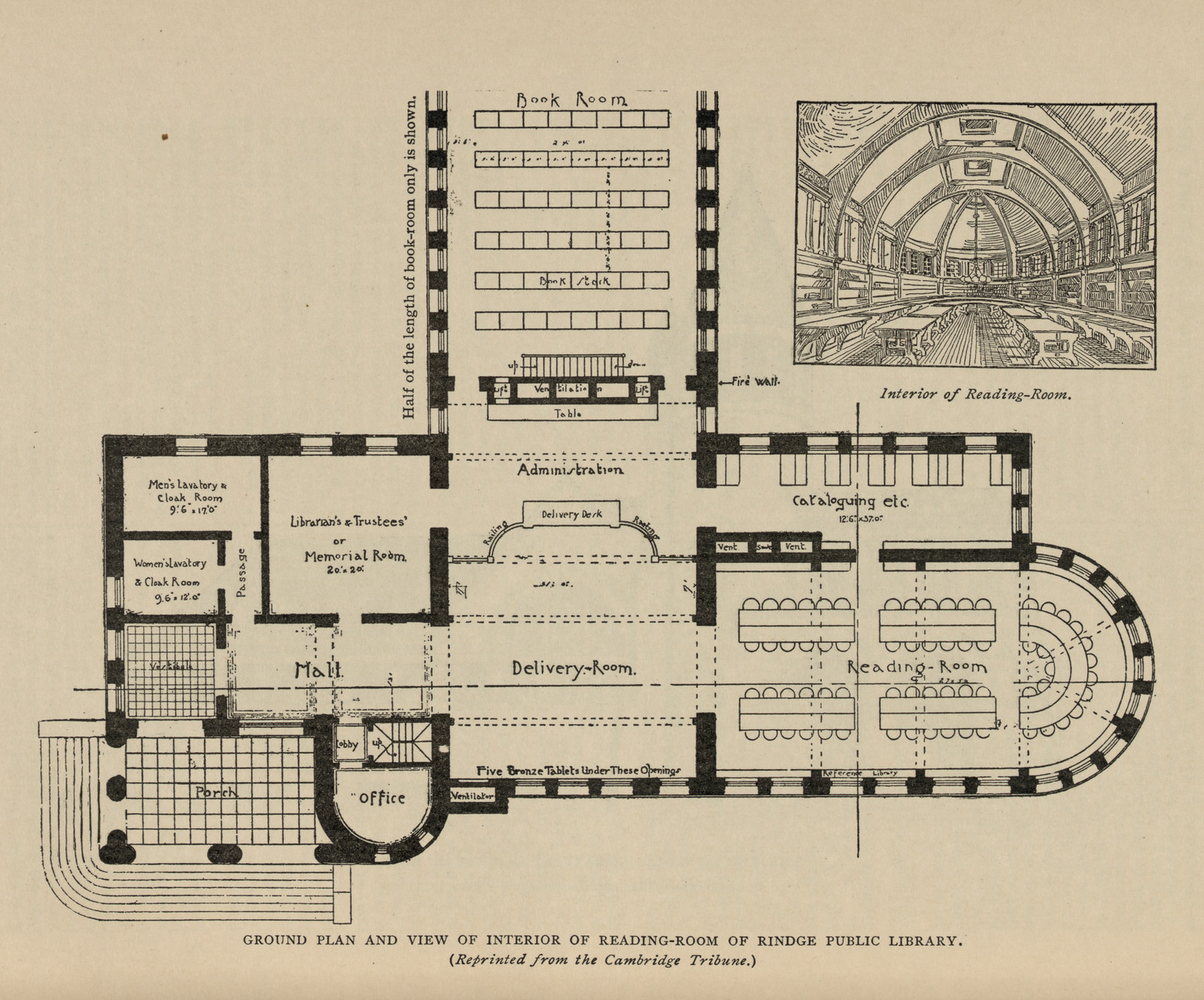 Ground plan and view of interior of reading-room of Rindge Public Library — historic image