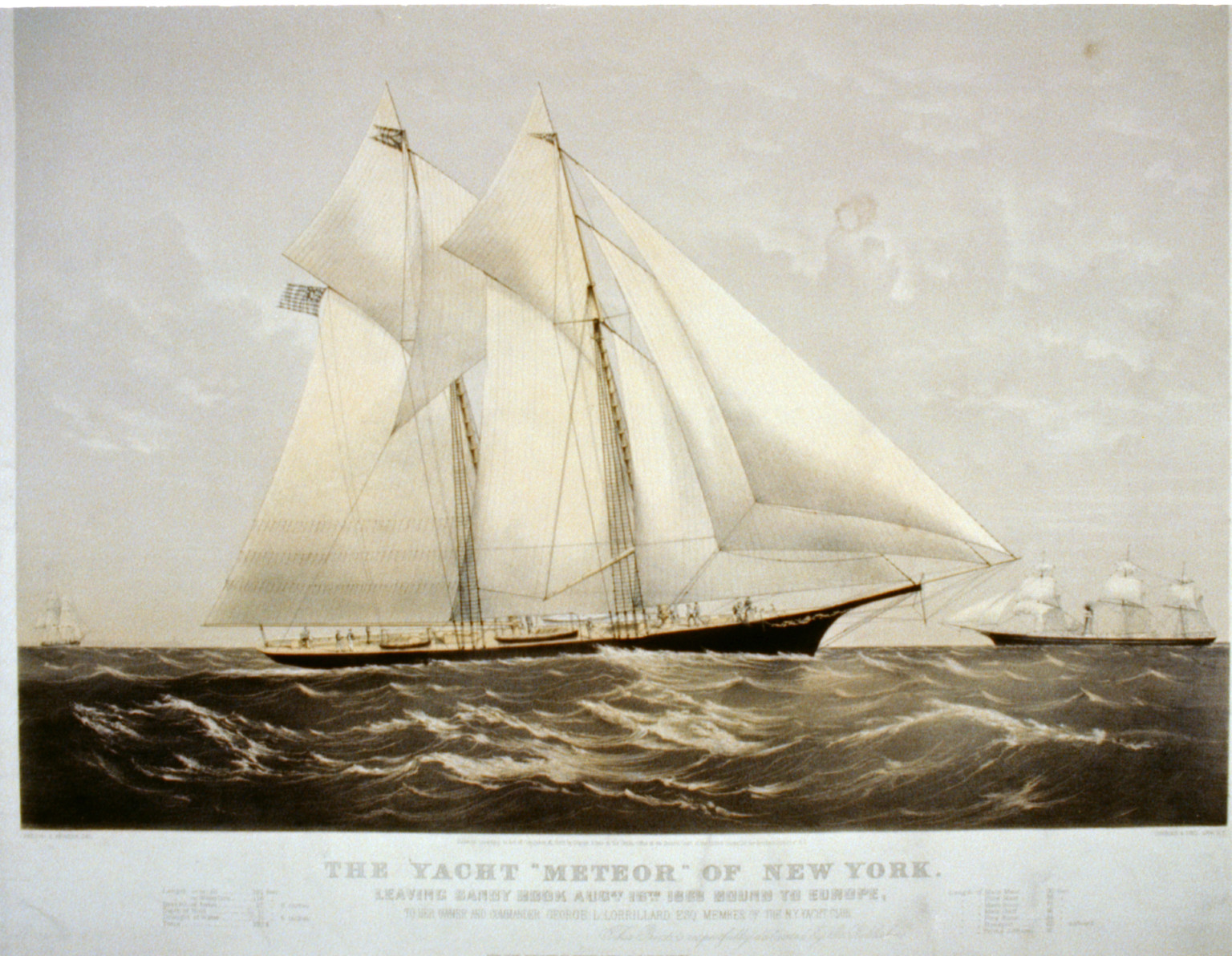 The yacht Meteor" of New York: leaving Sandy Hook Augst. 16th. 1869 bound to Europe", New York : Published by Currier & Ives, c1869. — antique lithograph