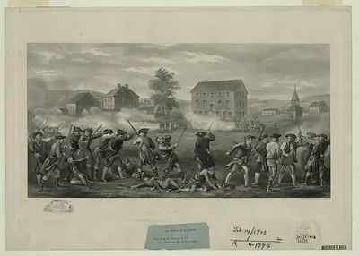 The Battle of Lexington, pictorial engraved print with soldiers