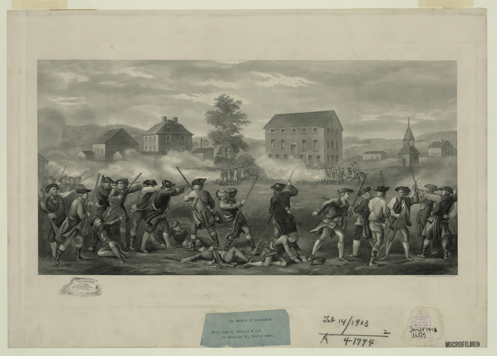 The Battle of Lexington, pictorial engraved print with soldiers — historic print