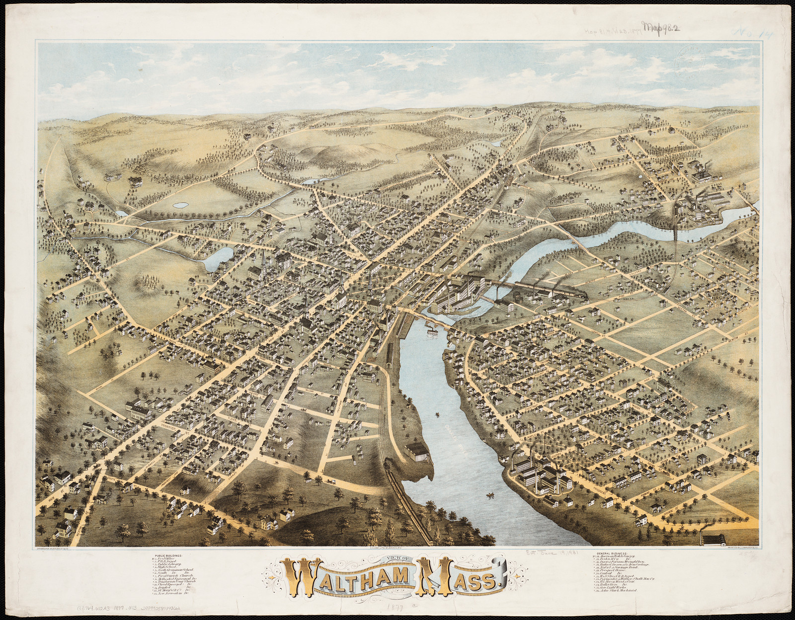View of Waltham, Mass. (bird's-eye town map) — antique map