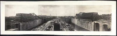 Panoramic view of canal locks with steel gate frames