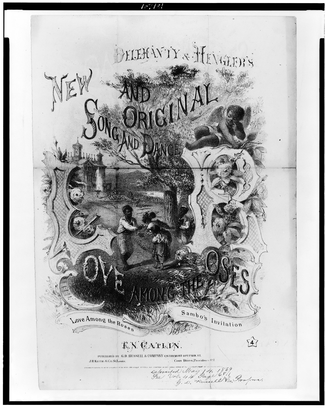 Delehanty & Hengler's New and original song and dance. Love among the roses. Sambo's invitation / J.E. Banu...(?), Published by G.D. Russell & Company, c1869. — antique lithograph