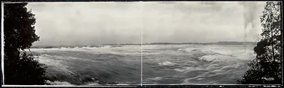 Panoramic black and white photograph of river rapids between trees