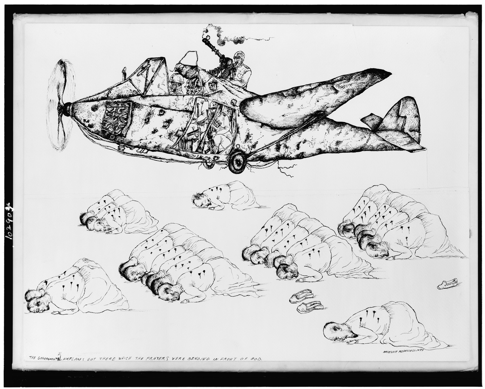 The men bent in prayer to God and the government airplanes arrived., 1977 — historic drawing